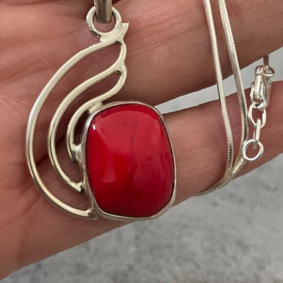 Artisan Crafted Red Coral Abstract Sterling Silver Pendant Necklace with Chain - Picture 2 of 9